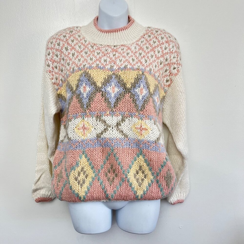 Vintage Allison Brittney Knit Sweater Pastel‎ Diamond Pattern Size Large